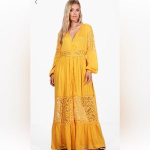 Yellow Boho Maxi Dress with Lace Inserts